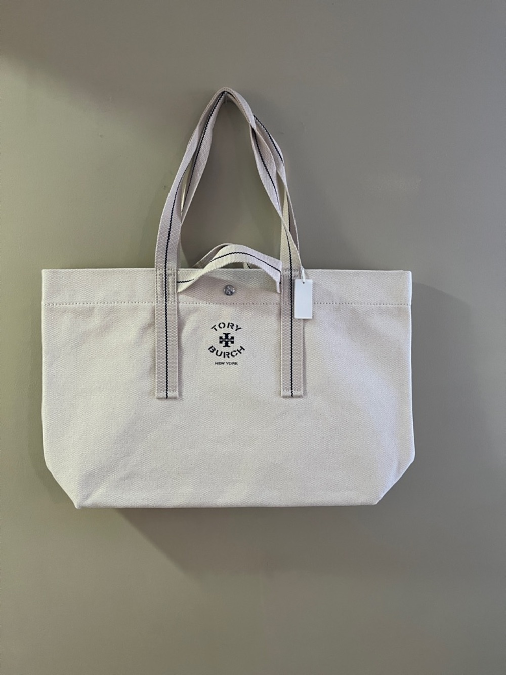 Tory Burch Cream Canvas Logo Tote with Contrast Stitching